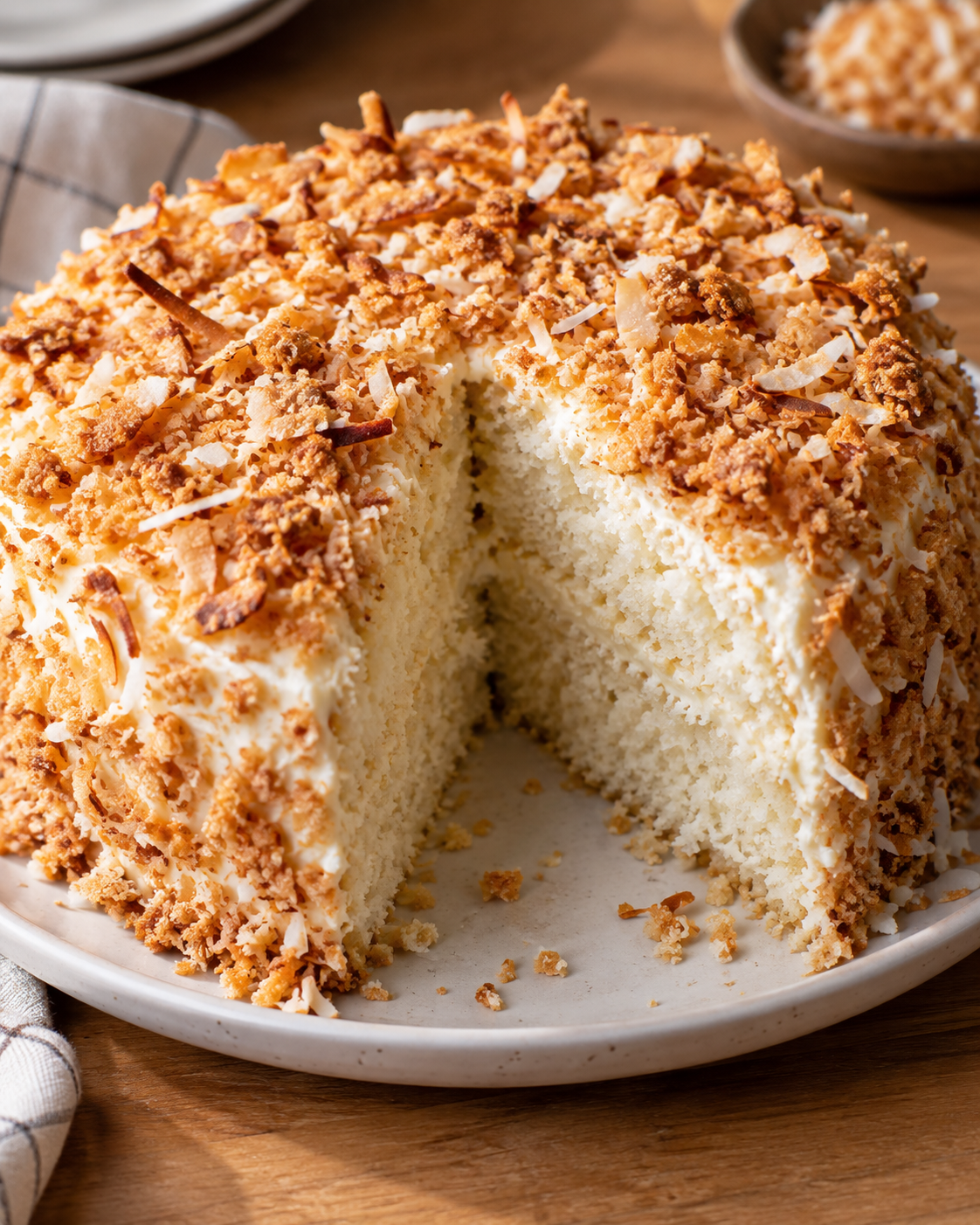 Bolo de coco com farofa crocante